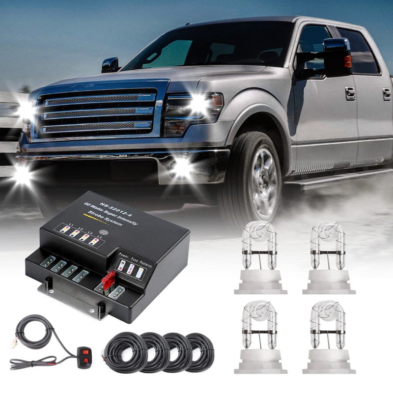 SMALLFATW Hideaway Strobe Lights Kit 4 HID Bulbs 13 Flashing Mode Memory Recall Function, 16 Feet Power Cord with Controller, Emergency Strobe Lights for Trucks Vehicles, White - Image 1